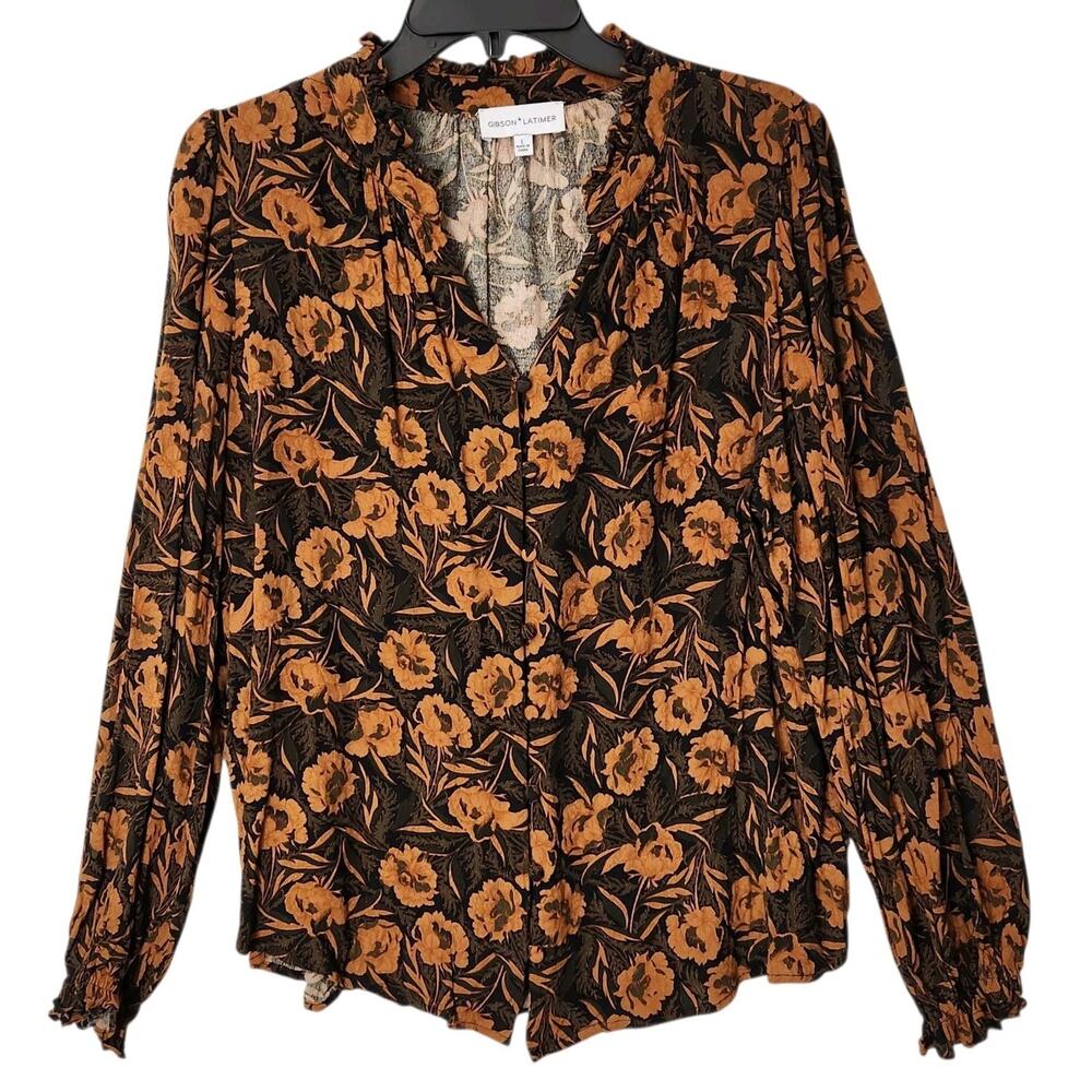 GIBSON LATIMER 100% VISCOUS TOP SZ LG FLORAL BOHO WORK CAREER LIGHTWEIGHT RUFFLE